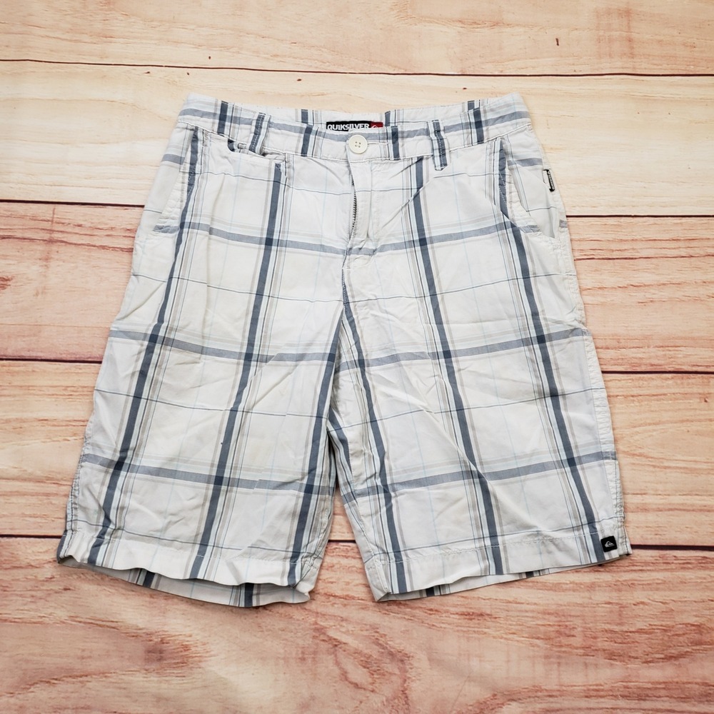VINTAGE Quiksilver Shorts Mens 28 White Blue Gray Plaid Walking‎ Casual Surf